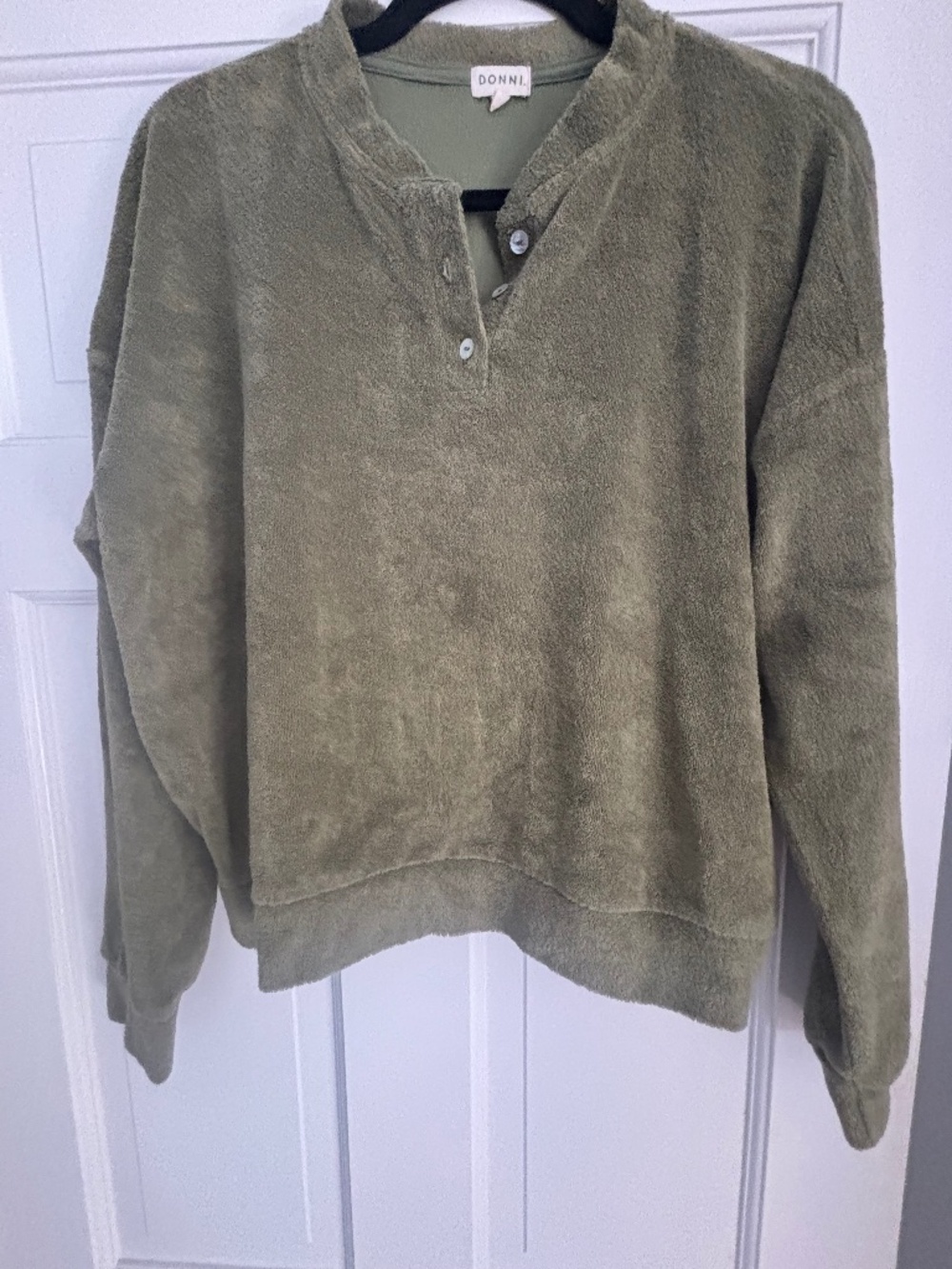 DONNI Olive Green Terry Henley Pullover Sweatshirt Cropped Boxy Fit L